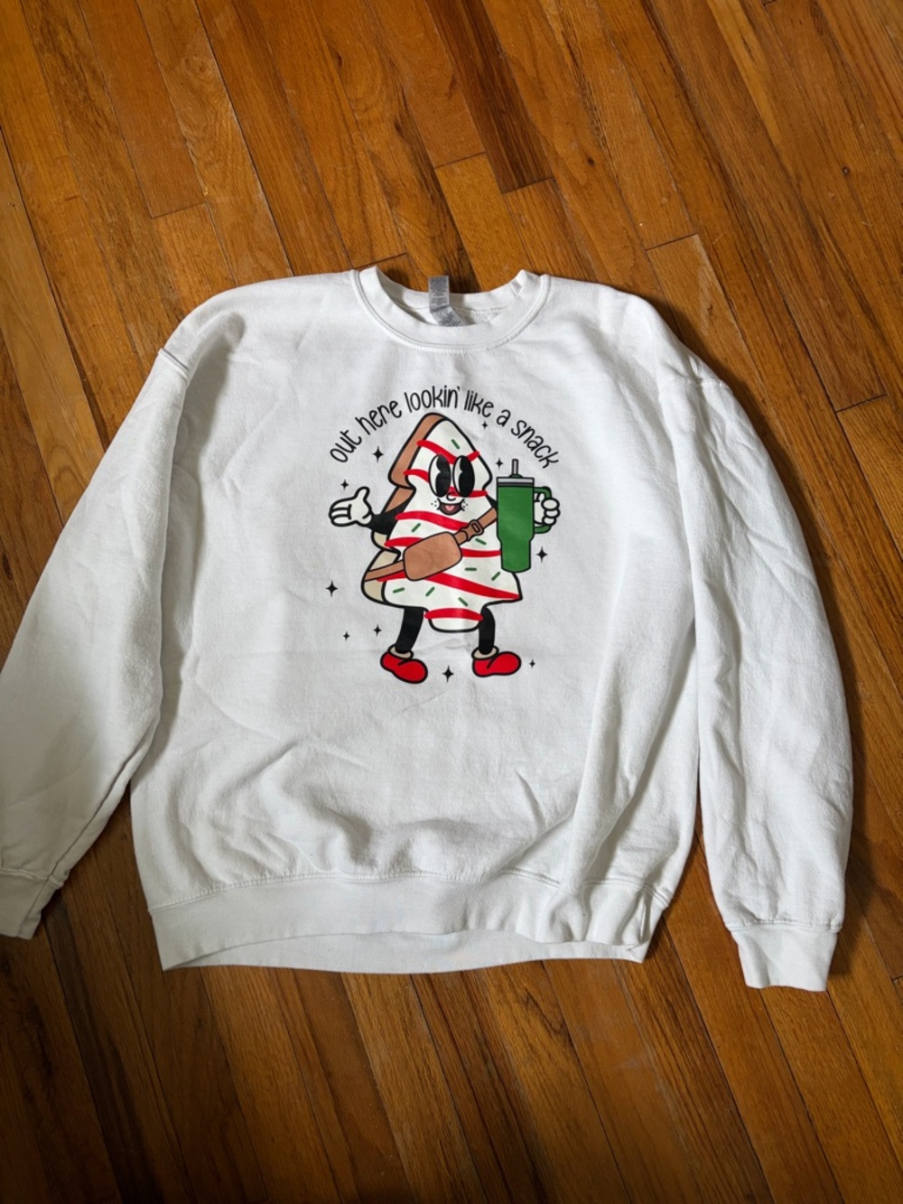 Gildan White Crewneck Sweater with Colorful Snack Graphic